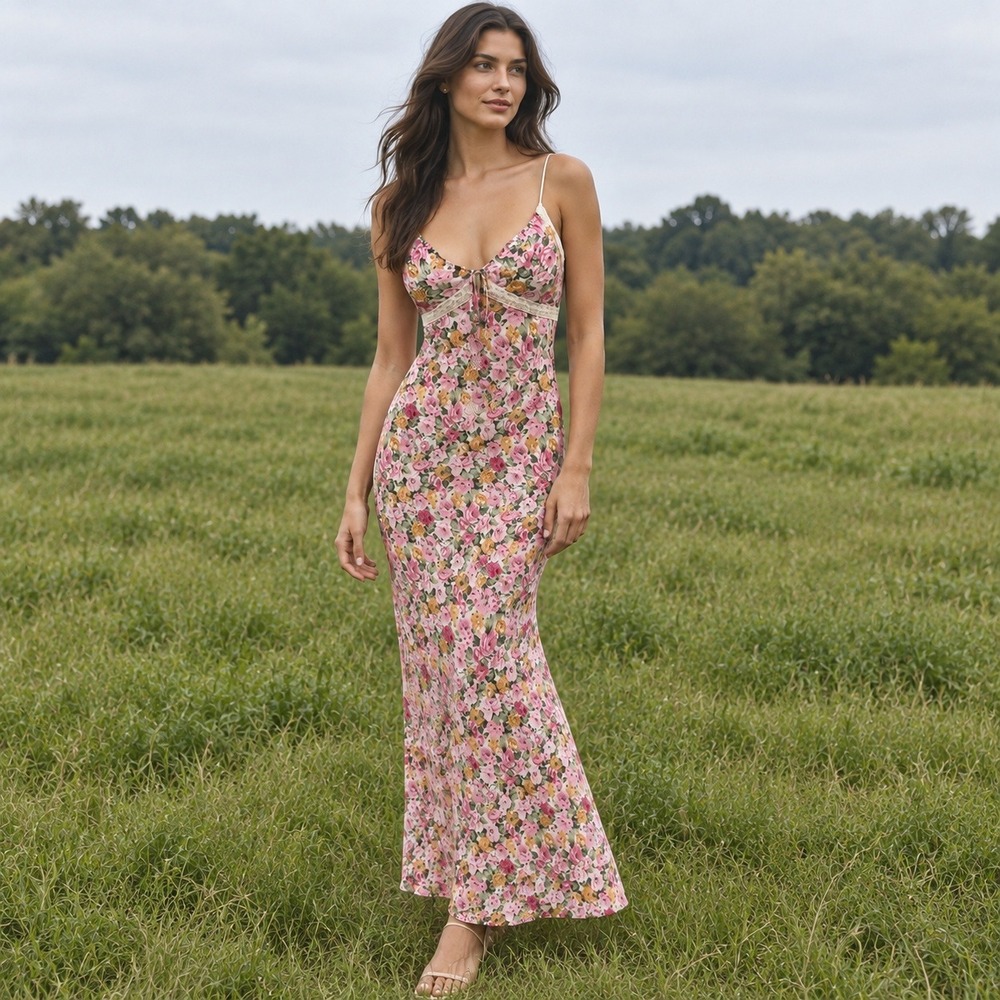 Princess Polly Maxi Dress Floral Lace Trim Cottagecore Pink Green Size 6